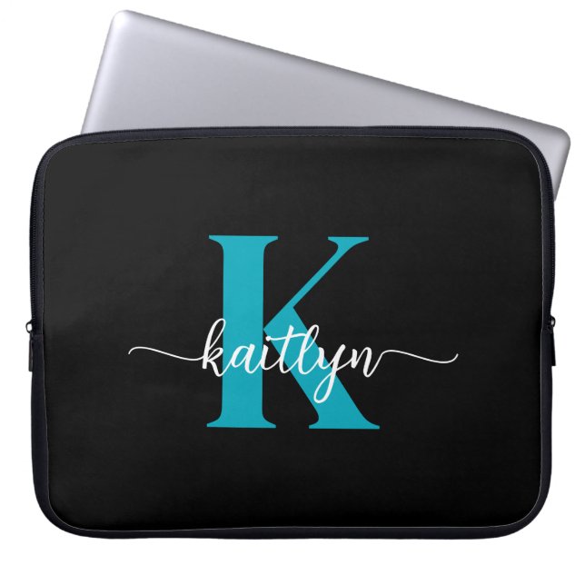 Capa Para Notebook Monograma Preto Teal (Frente)