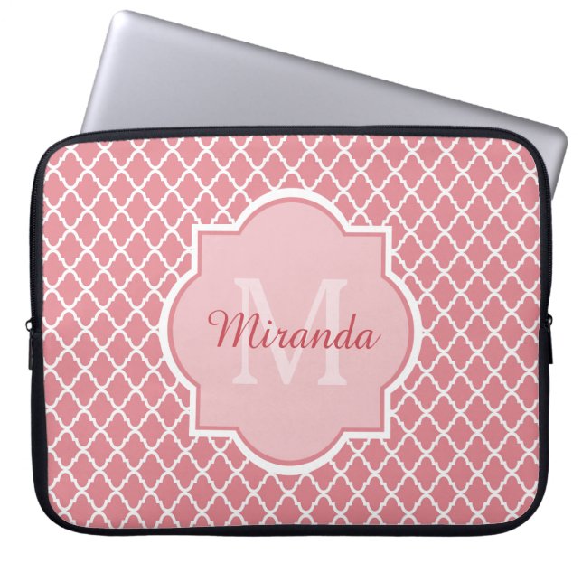 Capa Para Notebook Monograma Quatrefoil Cor-De-Rosa Chic Com Nome (Frente)