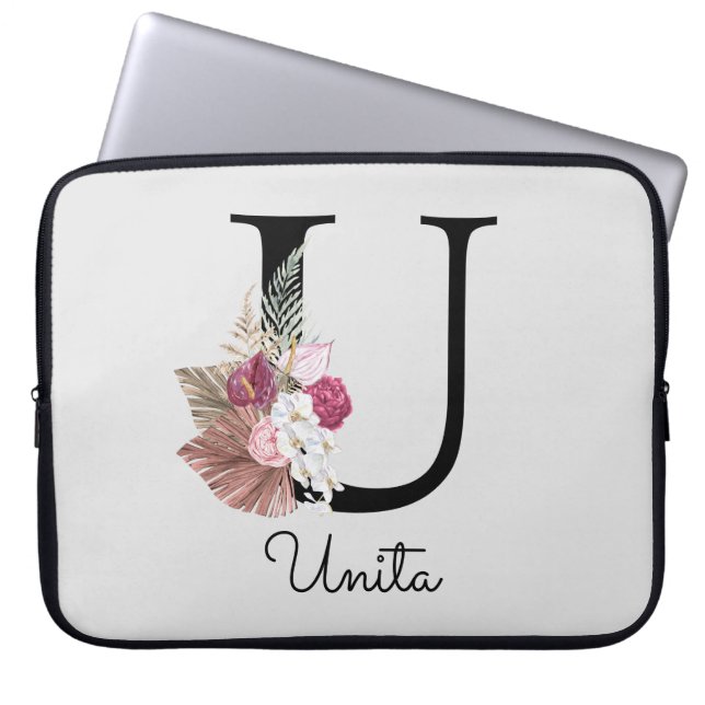 Capa Para Notebook Monograma Rosa Boho Girly Floral Inicial U (Frente)