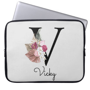 Capa Para Notebook Monograma Rosa Boho Girly Floral Inicial V