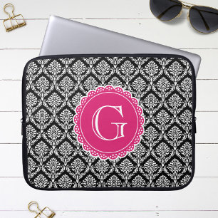 Capa Para Notebook Monograma Rosa Quente-Cor damasco Preto