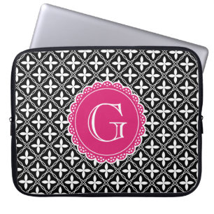 Capa Para Notebook Monograma Rosa Quente, Padrão Floral Preto