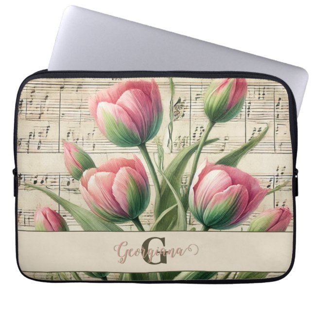 Capa Para Notebook Monograma - Tuliphas Rosa e Verde (Frente)