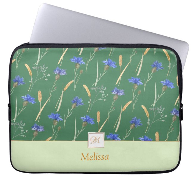 Capa Para Notebook Monograma Verde Floral de Flores Selvagens (Frente)