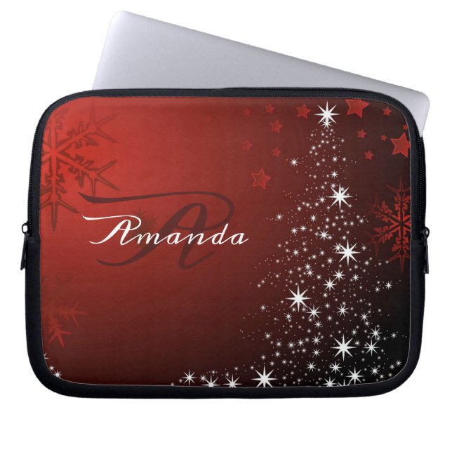 Capa Para Notebook Monograma White Stars Tree Flocos de Neve Vermelha (Frente)
