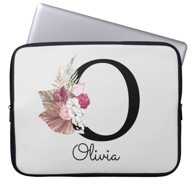 Capa Para Notebook Monogramas Rosa Boho Girly Floral Inicial O (Frente)
