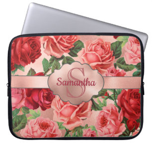 Capa Para Notebook Monogrammed floral dos rosas rosas vermelha