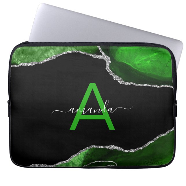 Capa Para Notebook Monogrammed Green Agate with Silver Glitter Accent (Frente)