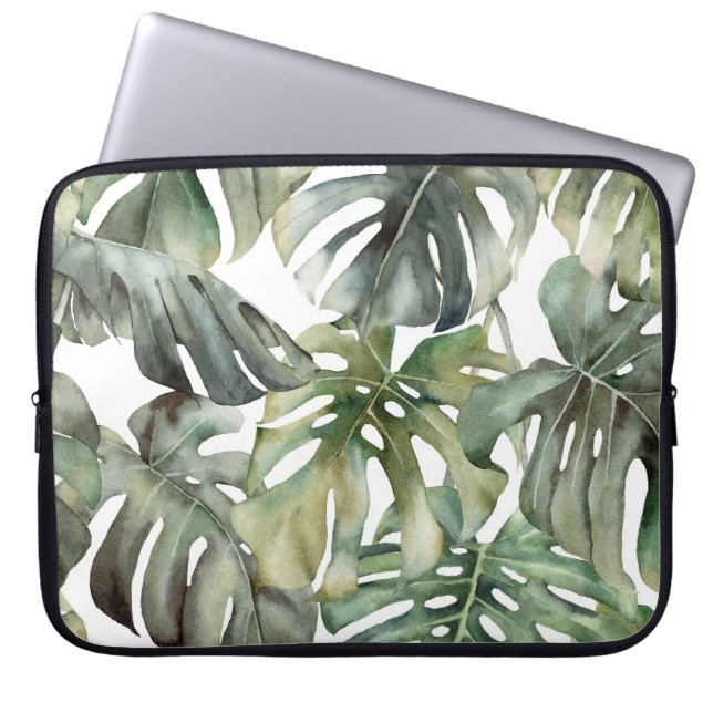 Capa Para Notebook Monstera Tropical Grande Padrão de Aquarela (Frente)