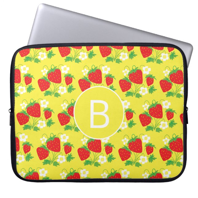 Capa Para Notebook Morango e Flor Amarelo Padrão Monogramado (Frente)