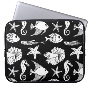 Capa Para Notebook Motif De Peixe: Padrão Branco Preto.