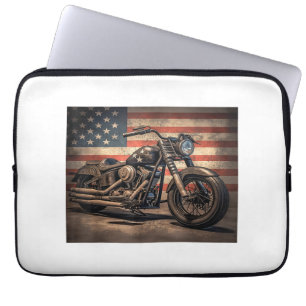 Capa Para Notebook Motocicleta Bandeira EUA Retro Biker