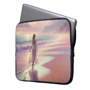 Capa Para Notebook Mulher bonito deixando pegadas em uma praia