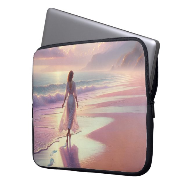 Capa Para Notebook Mulher bonito deixando pegadas em uma praia (Frente Esquerda)
