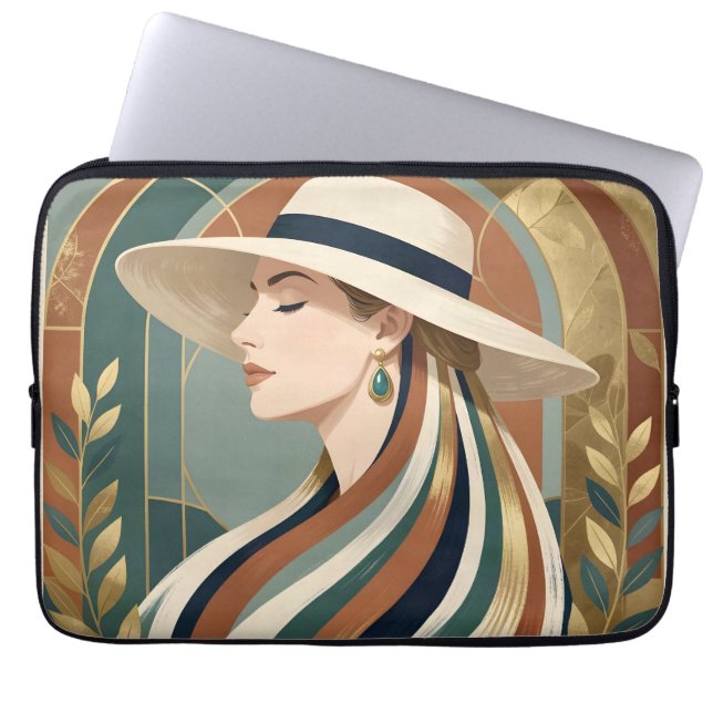 Capa Para Notebook Mulher com chapéu de sol art déco (Frente)