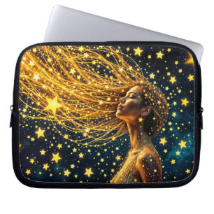 Capa Para Notebook Mulher cósmica com cabelo de ouro estrelado brilha
