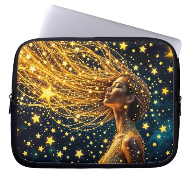 Capa Para Notebook Mulher cósmica com cabelo de ouro estrelado brilha (Frente)