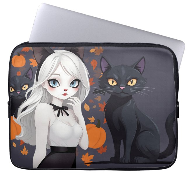 Capa Para Notebook Mulher de anime com gato preto. (Frente)