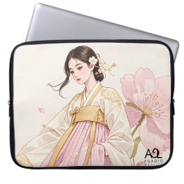 Capa Para Notebook Mulher Elegante em Hanbok Ouro com Flor de Cereja