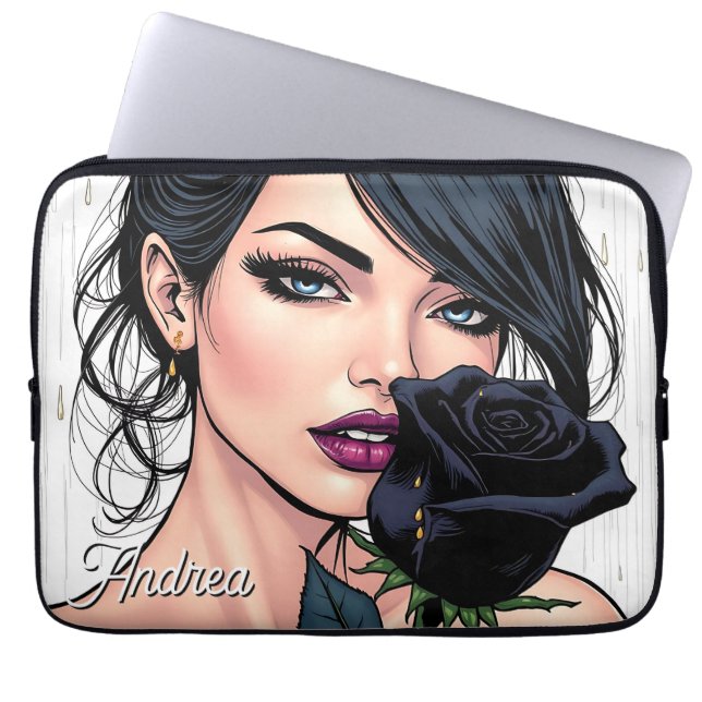 Capa Para Notebook Mulher Gótica Mal-humorada Personalizada com Rosa (Frente)
