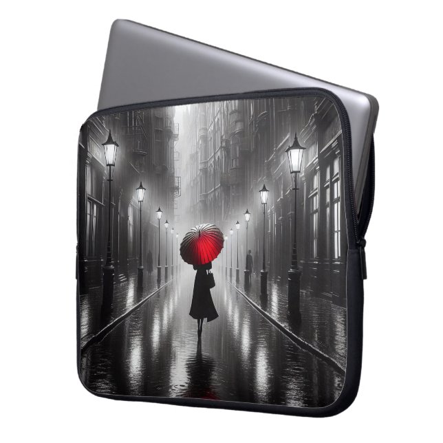 Capa Para Notebook Mulher Na Chuva Com Guarda-chuvas Vermelho (Frente Esquerda)