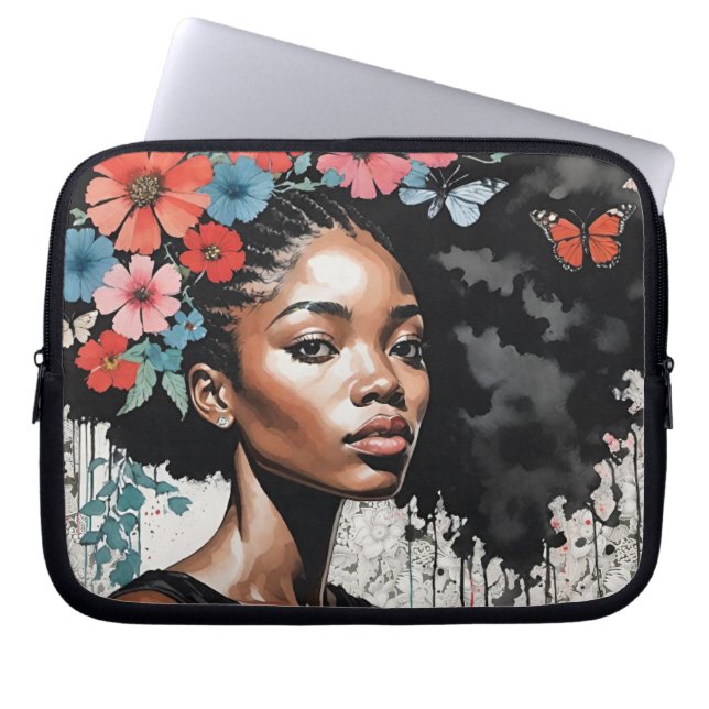 Capa Para Notebook Mulher Negra com Flores no Cabelo (Frente)