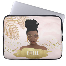 Capa Para Notebook Mulher Negra, Folhas e Formas Douradas Tropicais, 