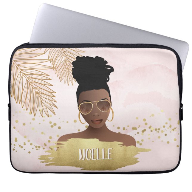 Capa Para Notebook Mulher Negra, Folhas e Formas Douradas Tropicais,  (Frente)