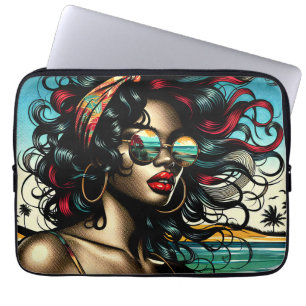 Capa Para Notebook Mulher Retro na Praia Estilo Cômico Pop Art