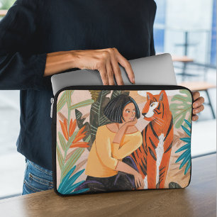 Capa Para Notebook mulher tigre laranja ilustração paisagem garota