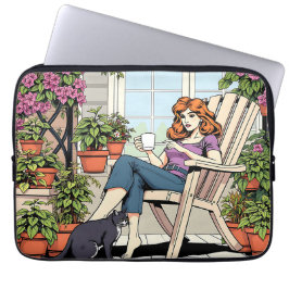 Capa Para Notebook Mulheres com Café, Gato e Plantas