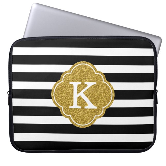 Capa Para Notebook Na moda Black Stripes Dourado Monograma (Frente)
