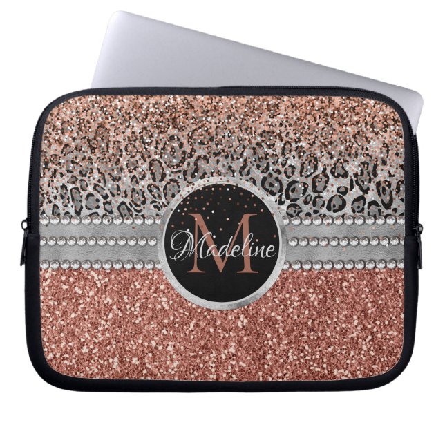 Capa Para Notebook Na moda Girly Rosa Dourado Glitter Leopard Monogra (Frente)