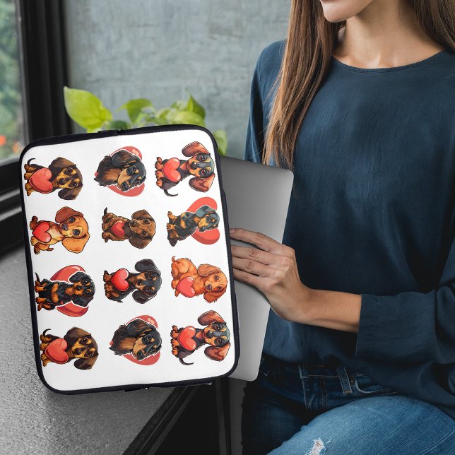 Capa Para Notebook Namorados Dachshund de Aquarela com Coração Vermel (Watercolor Dachshund Valentine with Red Heart Laptop Sleeve)