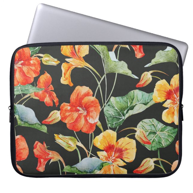 Capa Para Notebook Nasturtium Orange: Padrão Escuro de Aquarela. (Frente)