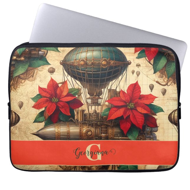 Capa Para Notebook Navio Steampunk Personalizado com Poinsettia (Frente)
