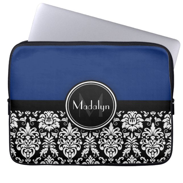 Capa Para Notebook Navy Black White Damask Monogram Letter (Frente)