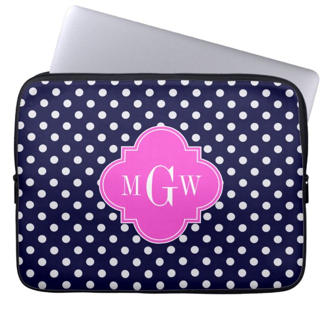 Capa Para Notebook Navy Wht Bolinhas Quatrefoil Rosa Quente 3 Monogra (Frente)