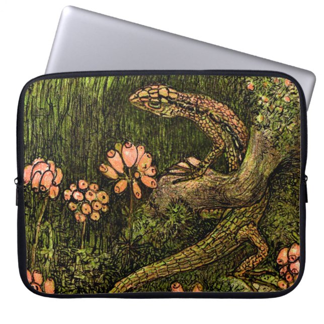 Capa Para Notebook Neerlandês Art Nouveau Lizard e flores selvagens (Frente)