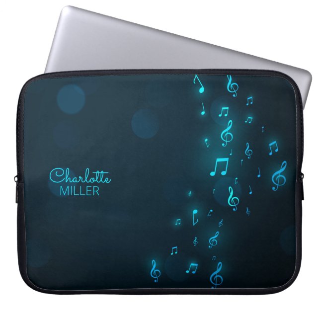 Capa Para Notebook Neon Blue Music Notes e nome personalizado (Frente)