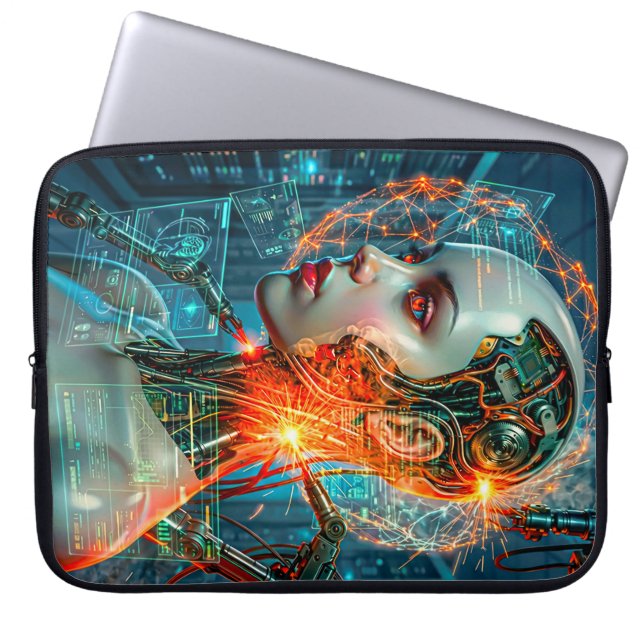 Capa Para Notebook Neon Sci-Fi Cyborg Female Cyberpunk Tech (Frente)