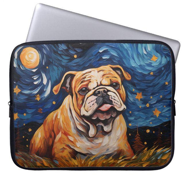 CAPA PARA NOTEBOOK NOITE ESTRELADA BRILHANTE COM CÃO BULLDOG (Frente)