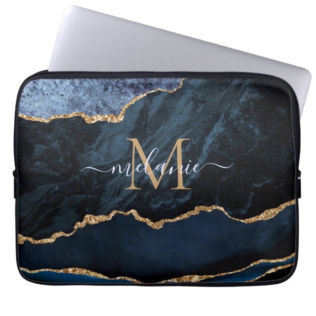 Capa Para Notebook Nome do Monograma Agate Blue Dourado Marble Bolsa  (Frente)