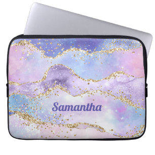Capa Para Notebook Nome do Monograma Agate Dourado Glitter Cor de Ros