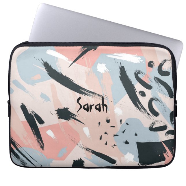 Capa Para Notebook Nome do Monograma de Abstração Azul Dourado Rosa (Frente)