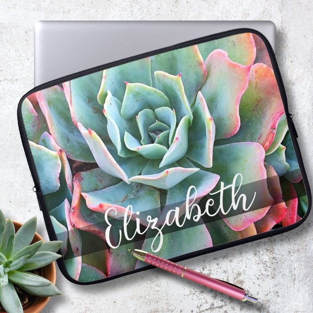 Capa Para Notebook Nome do Monograma Mint Green Pink Cactus Photo Mod (Criador carregado)