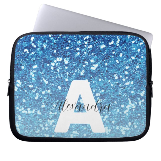 Capa Para Notebook Nome do Script do Monograma do Girly Blue Glitter  (Frente)