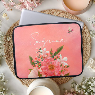 Capa Para Notebook Nome do Script Florals de Coral Rosa Cor-de-Água B