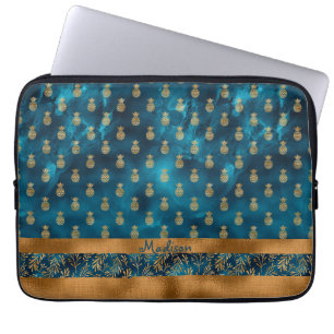 Capa Para Notebook Nome Elegante Floral do Abacaxi Teal Dourado