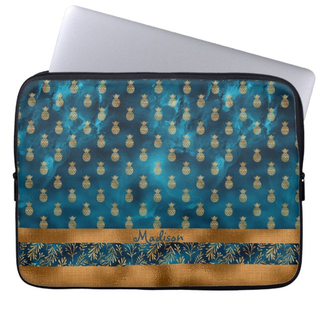 Capa Para Notebook Nome Elegante Floral do Abacaxi Teal Dourado (Frente)